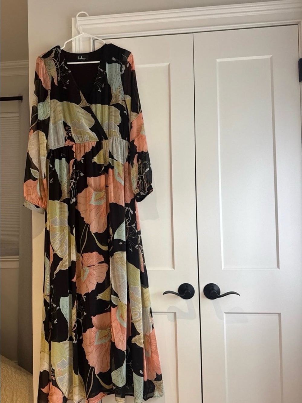 Lulu's Black Floral Wrap Maxi Dress with Peach & Sage Blooms
